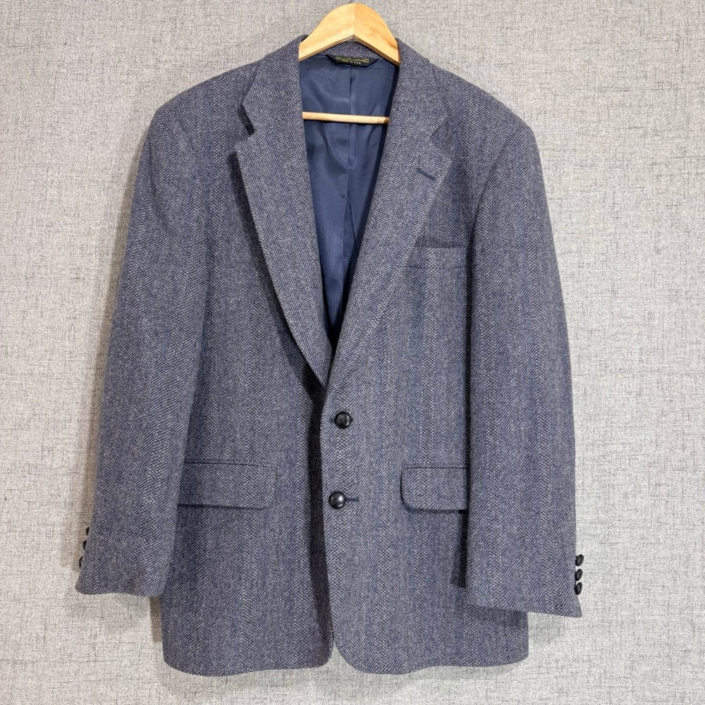 Vintage Barrington Men Blazer 44R Blue Gray Herringbone Wool Tweed Sport Coat